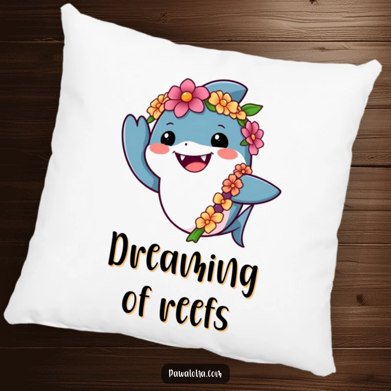 Funny shark pillow featuring a friendly shark in a lei giving a cheerful wave, offering comfort and a touch of ocean humor.