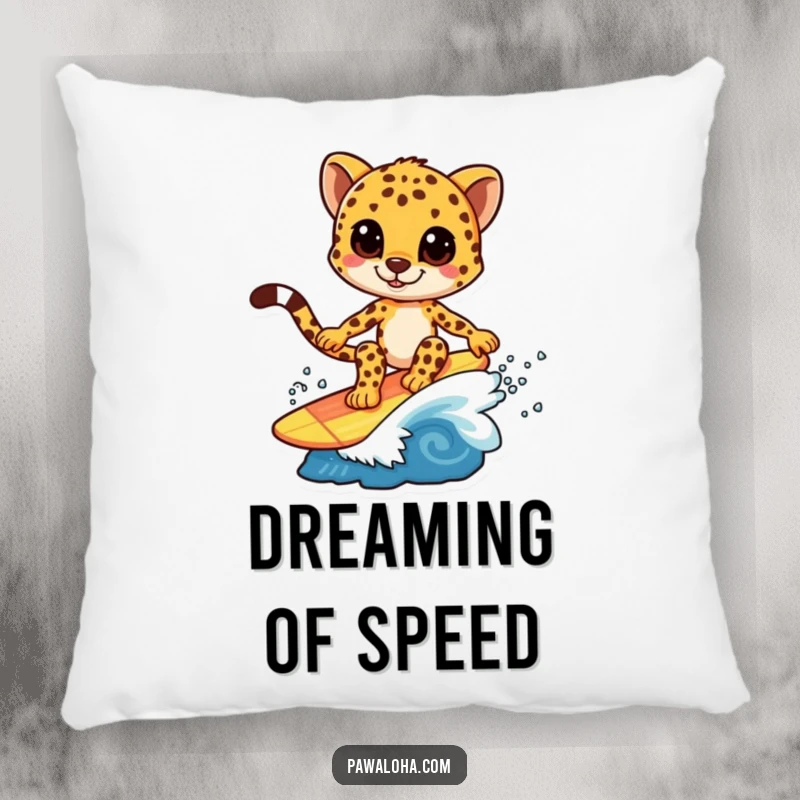 Funny pillow featuring a cheetah character riding a small, colorful wave with a relaxed yet focused demeanor.