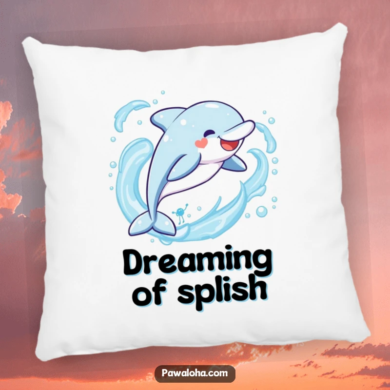 Funny Kawaii dolphin pillow, a cute character leaping joyfully through ocean waves, offering humorous comfort and seaside dreams.