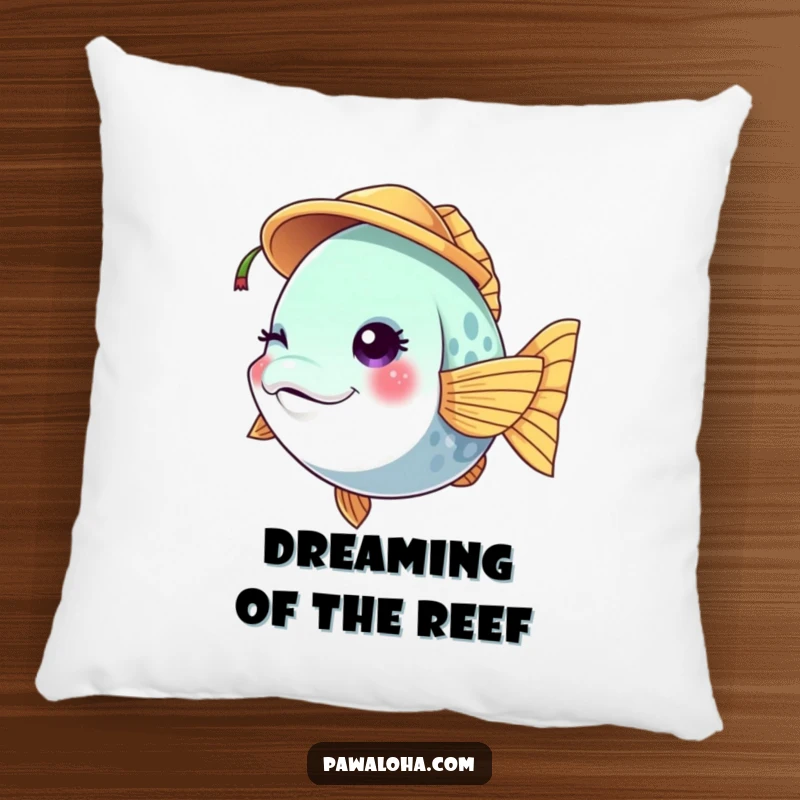 Funny vibrant fish character pillow winking while wearing a tiny coconut hat, providing tropical comfort and charm.