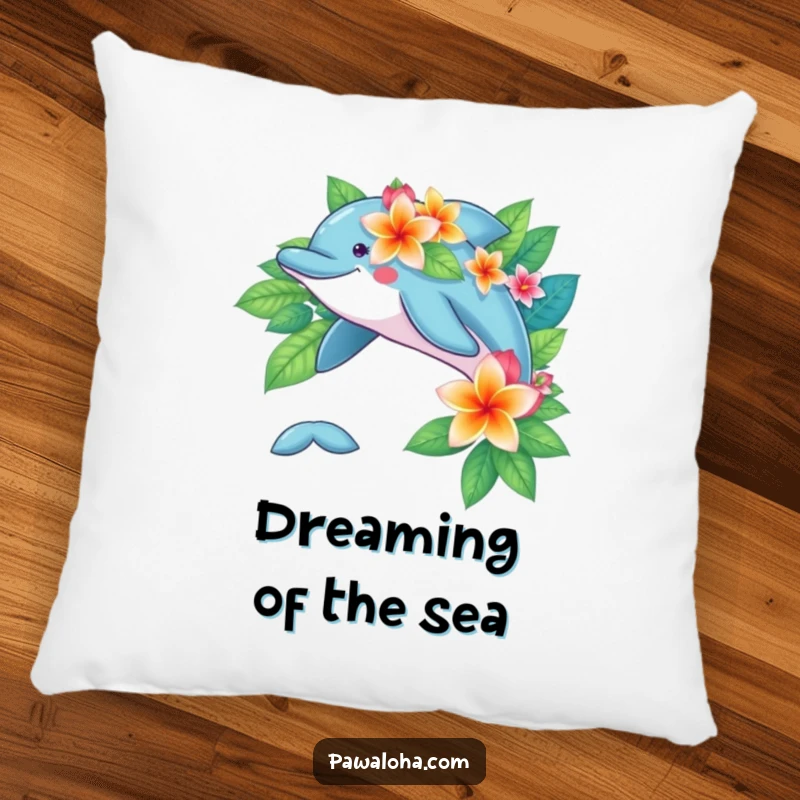 Playful dolphin character covered in vibrant tropical flowers, lounging on a soft and comfortable pillow.