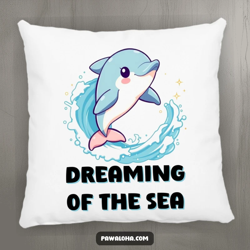 Funny dolphin character leaping through a sparkling wave on a pillow, offering comfort and aquatic-themed decor.
