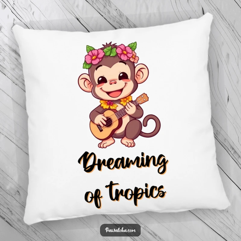 Funny pillow showcasing a happy monkey wearing a lei and playing a ukulele.