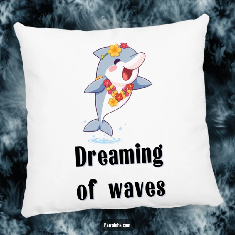 Funny Dolphin Pillow: This plush pillow showcases a happy dolphin in a lei leaping from the sea, offering a funny and comfortable touch.