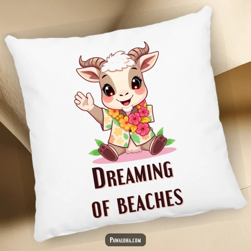 Funny and soft pillow depicting a cheerful goat in an Aloha shirt and lei.