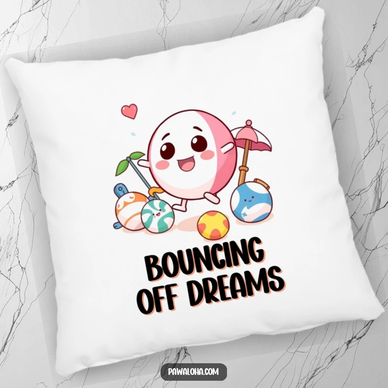 Funny beach ball pillow with a playful character bouncing among other beach toys, perfect for adding a touch of summer comfort.