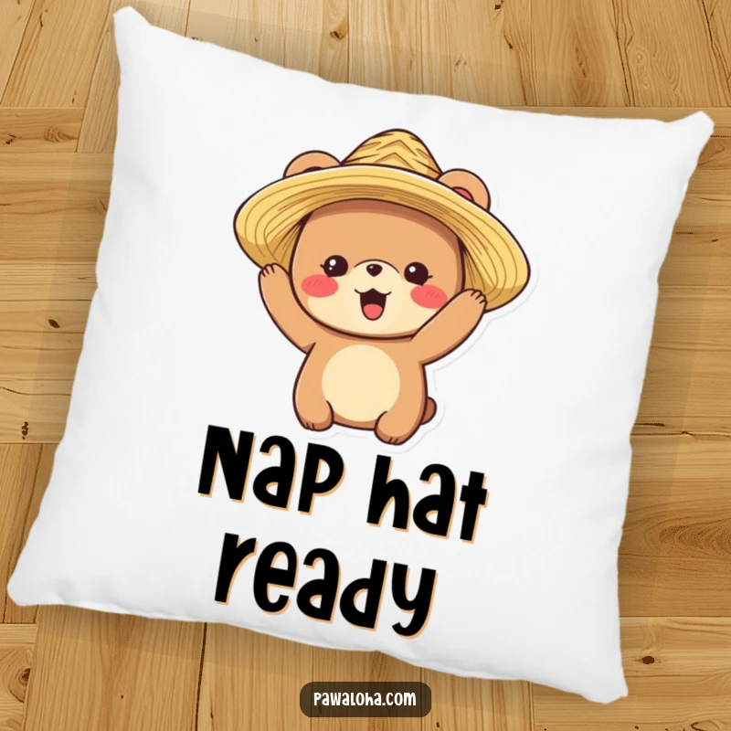 Funny pillow featuring a delighted bear character happily wearing a straw hat, designed for comfort and charm.