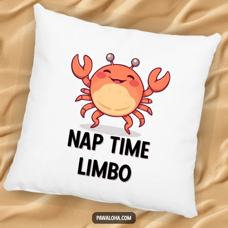 Funny pillow featuring a crab doing a limbo dance, offering cozy comfort and a touch of beach party humor.