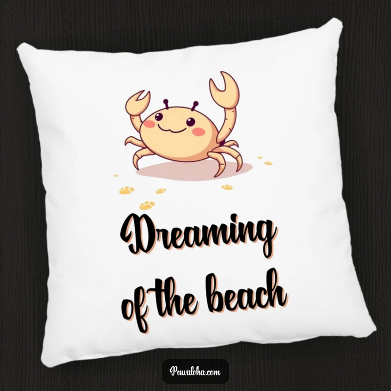 Funny pillow featuring a delighted crab scuttling sideways on sand, leaving tiny footprints, symbolizing carefree beach fun.