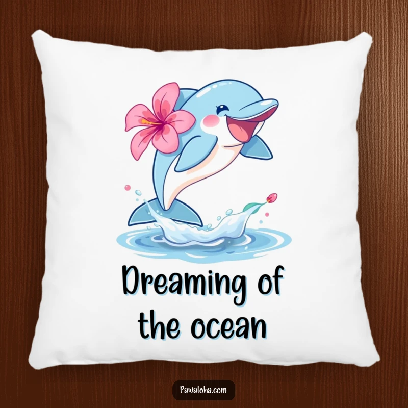 Funny dolphin character pillow leaping joyfully out of the water with a hibiscus, providing comfort and ocean vibes.