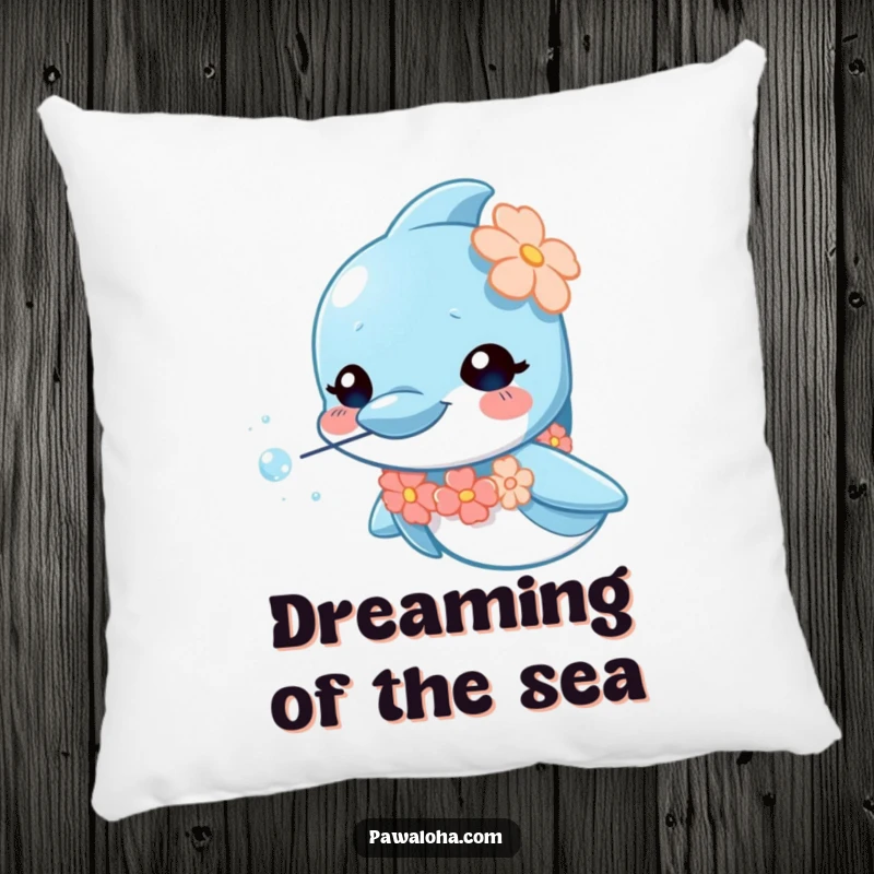 Funny dolphin pillow with a small lei, blowing iridescent sparkly bubbles, a curious and happy marine animal design for decor.