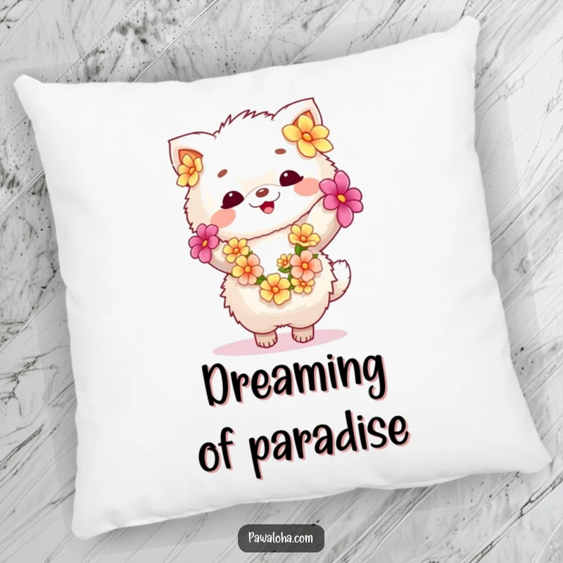 Funny fluffy animal wearing a lei dances joyfully on a soft pillow. Adds comfort and a cheerful, tropical vibe.
