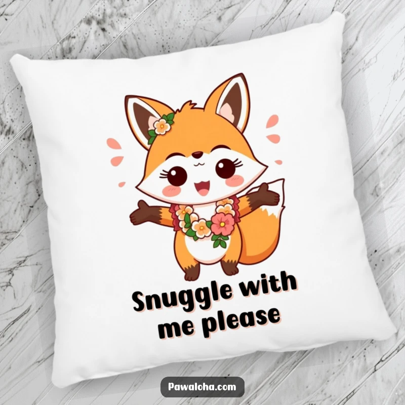 Funny fox character in a lei, greeting with open arms, a soft and humorous pillow for cozy decor.