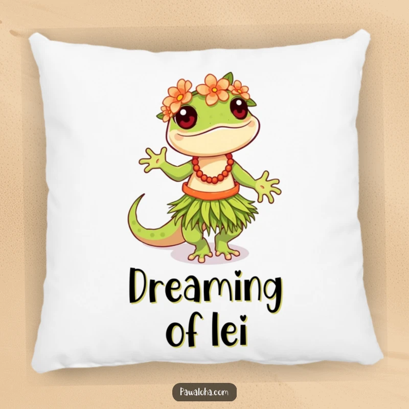 Funny Hula Gecko Pillow featuring a happy gecko performing a hula dance, adding tropical fun to any room.