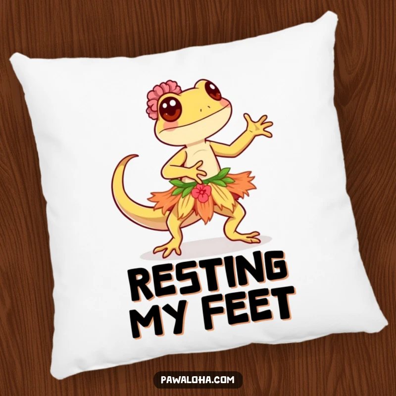 Funny Kawaii gecko in a hula skirt, dancing gracefully, designed as a soft and huggable decorative pillow.