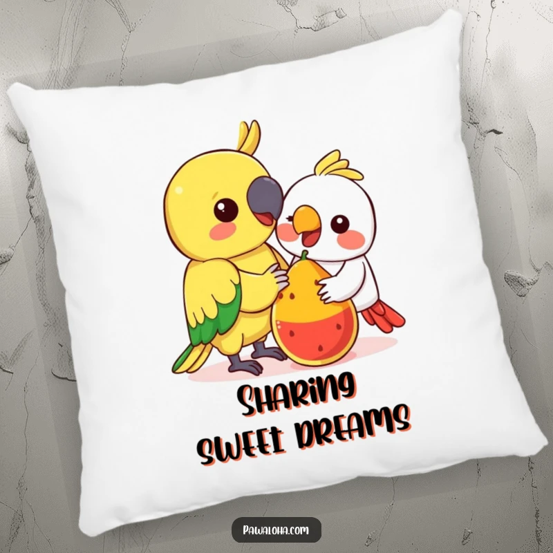 Funny Kawaii Parrot Pillow: Cute colorful parrot sharing fruit, a funny and soft cushion for cozy, friendly decor.