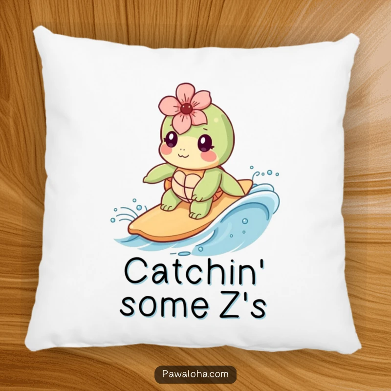Funny Kawaii sea turtle wearing a flower, peacefully surfing a wave, designed as a soft and huggable decorative pillow.