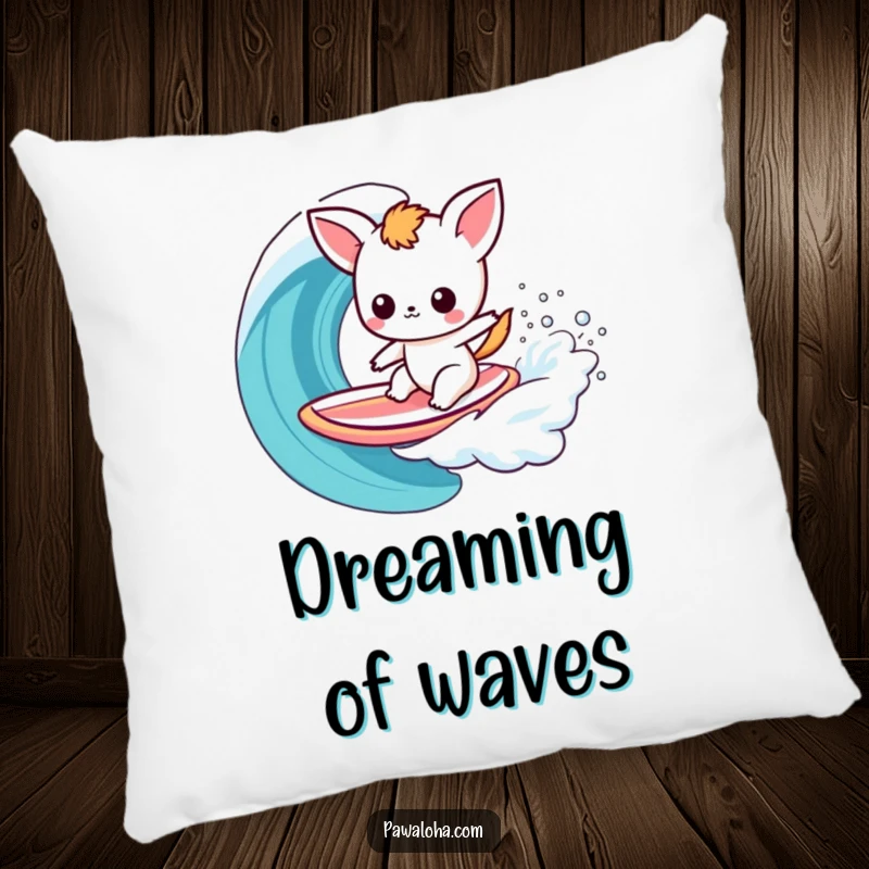 Funny Kawaii Surfer Animal Pillow: Adorable cartoon animal on a surfboard riding a colorful rainbow wave, providing soft comfort and fun.