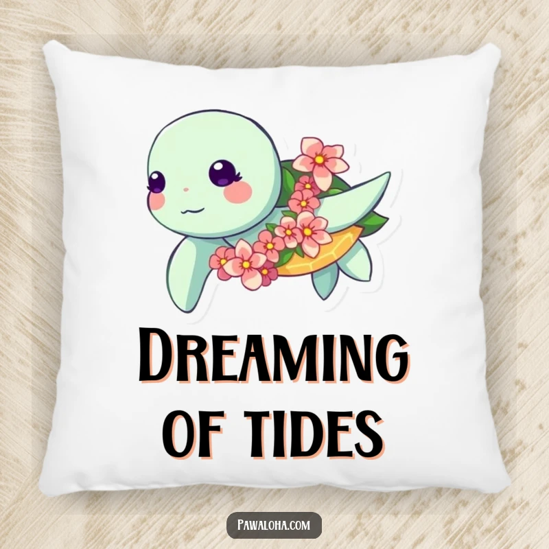 Funny Kawaii Turtle Pillow: Cute sea turtle swimming with a flower garland, a funny and soft cushion for ocean-themed decor.