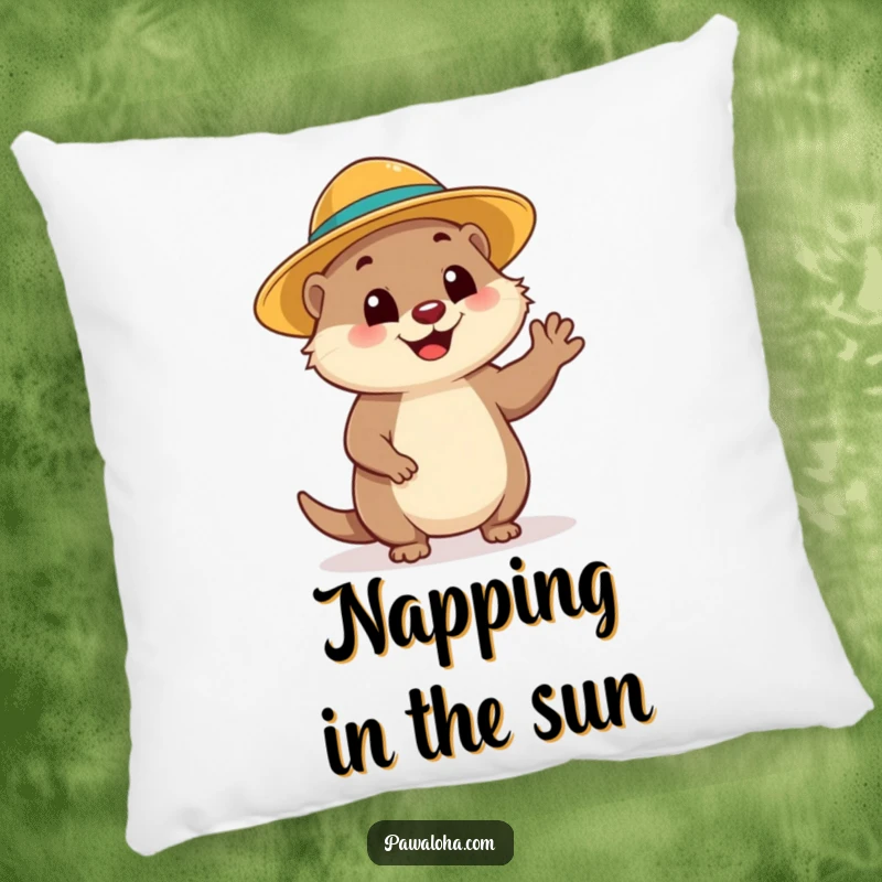 Funny Mongoose Wave Pillow: Features a cheerful mongoose in a sun hat waving, offering funny, sunny comfort and style.