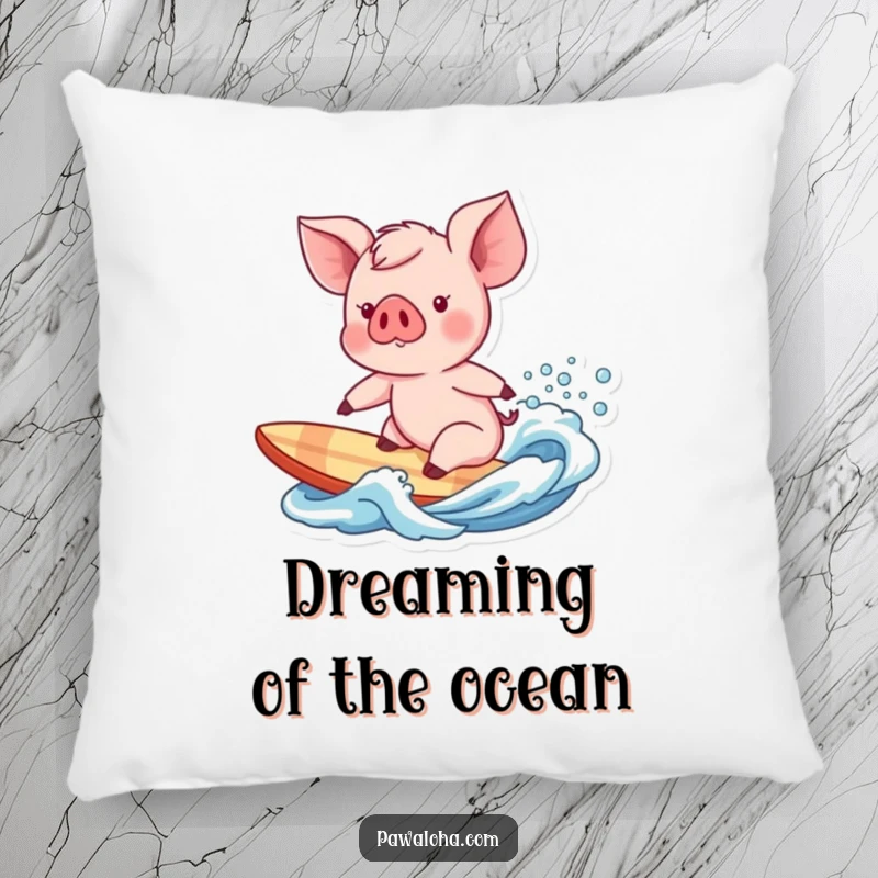 Funny piglet character ready to surf a gentle wave, a soft and humorous pillow for cozy coastal decor.
