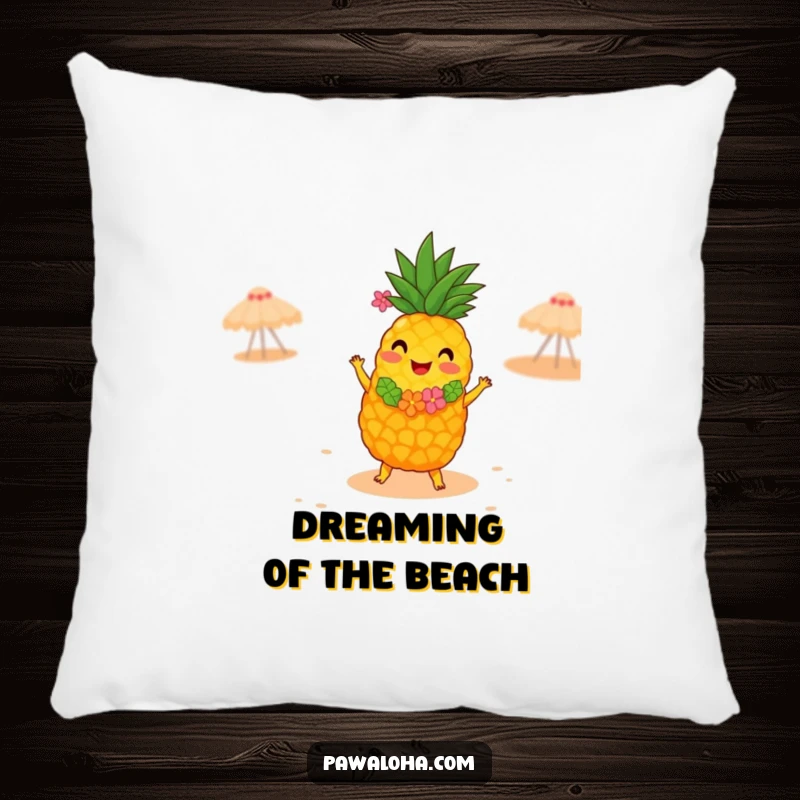 Funny decorative pillow with a joyful pineapple wearing a lei, dancing the hula on a sandy beach, bringing tropical comfort and humor.