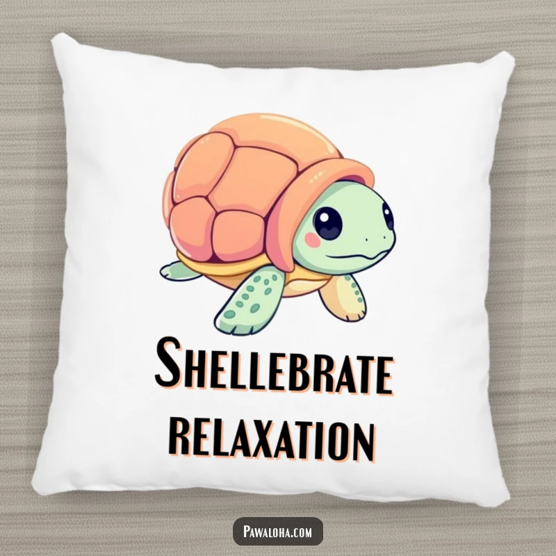 Funny sea turtle character inspecting a seashell on a pillow, offering comfort and a touch of serene ocean decor.
