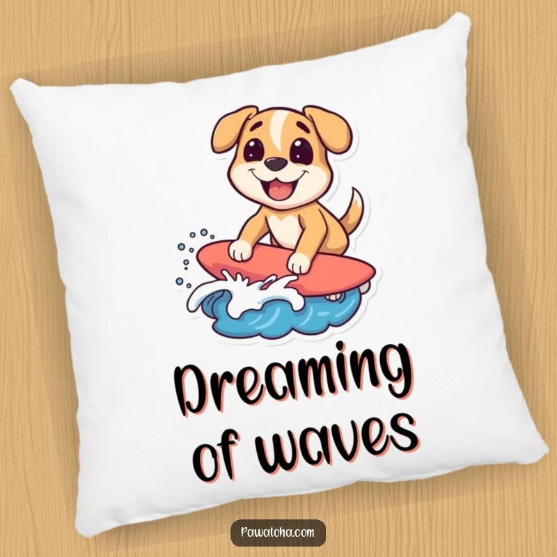 Funny surfing dog pillow with a character riding a wave with a big grin, offering humorous and beachy comfort. Perfect gift.