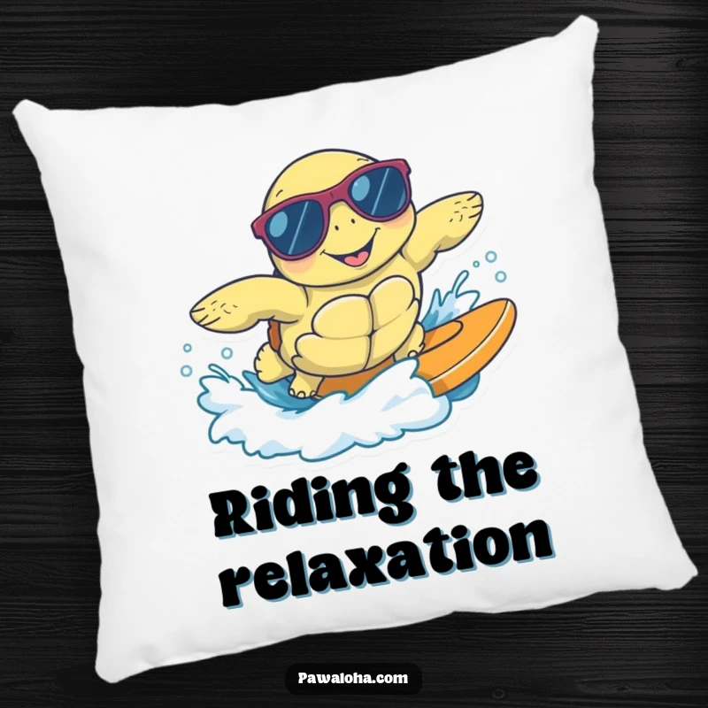 Funny decorative pillow with a happy sea turtle in sunglasses, surfing a gentle wave, bringing cool beach vibes and comfortable humor.