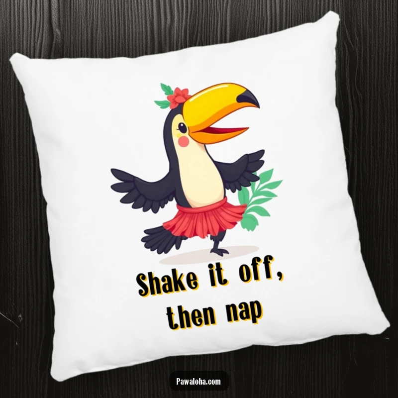 Funny toucan character wearing a hula skirt, dancing joyfully on a pillow, adding tropical charm and comfort.