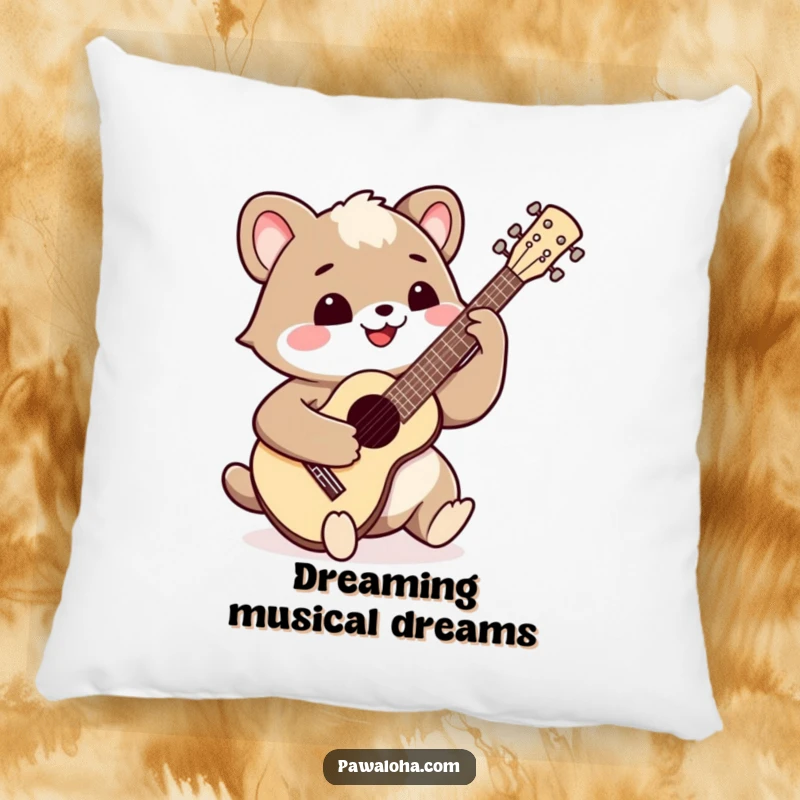 Funny happy animal playing a ukulele with a wide smile on a comfortable pillow. Brings cheerful musical vibes indoors.
