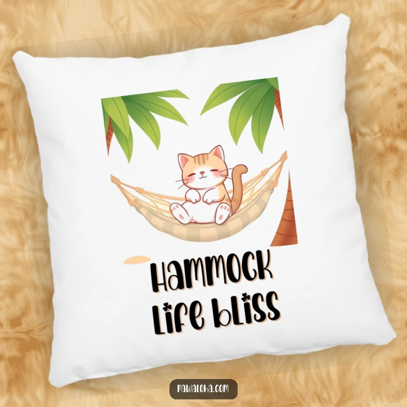 Funny Cat Hammock Pillow featuring a relaxed cat character in a hammock between palm trees. Soft, comfortable, and humorous.