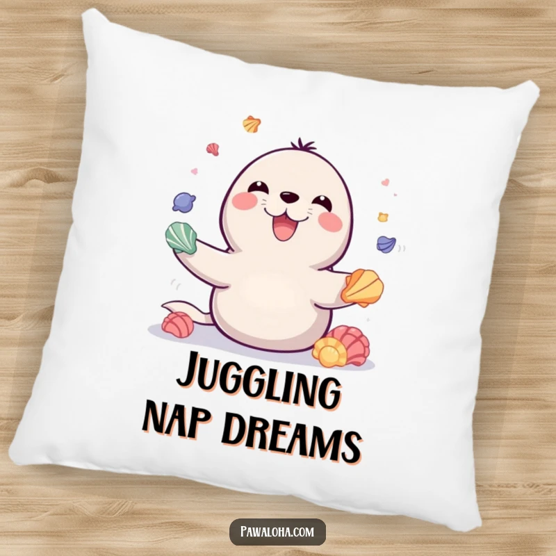 Funny decorative pillow with a playful seal beaming, juggling colorful seashells, bringing cozy comfort and delightful marine humor.