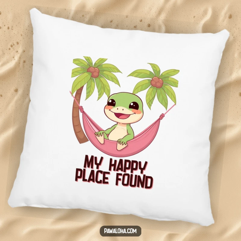 Funny gecko character resting in a hammock between palm trees, a soft and humorous accent pillow.