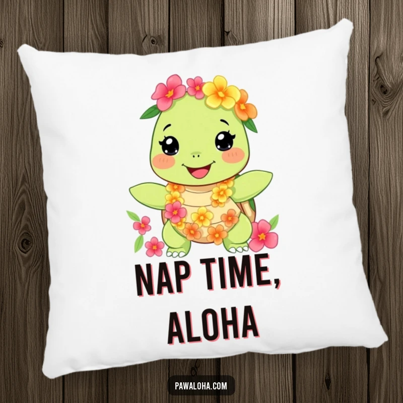 Funny turtle pillow with a happy character wearing a floral lei and necklace, offering humorous and tropical comfort. Perfect gift.