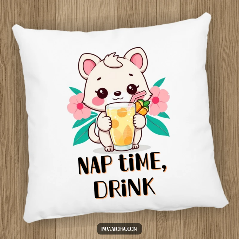 Funny Kawaii Sip Animal Pillow: Adorable cartoon animal with a tropical drink and straw, perfect for soft comfort and a relaxed mood.