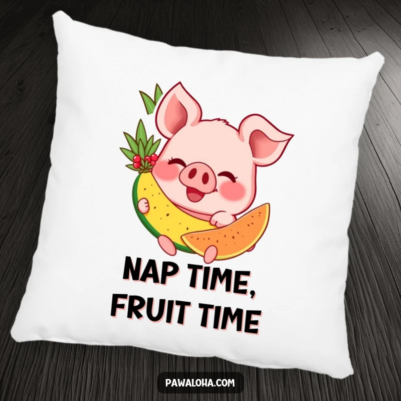 Funny pillow featuring a contentedly happy pig character, smiling widely while holding a bright, juicy tropical fruit.