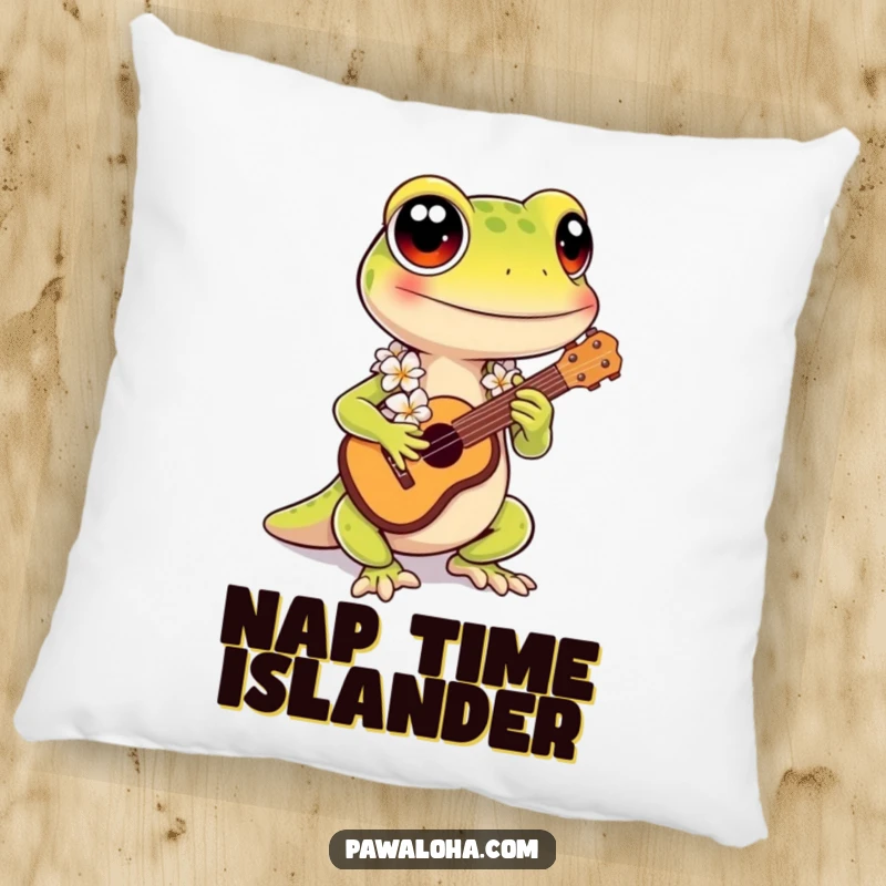 Funny Kawaii Gecko Pillow: Cute gecko in lei playing ukulele, a funny, soft cushion for tropical-themed home decor.