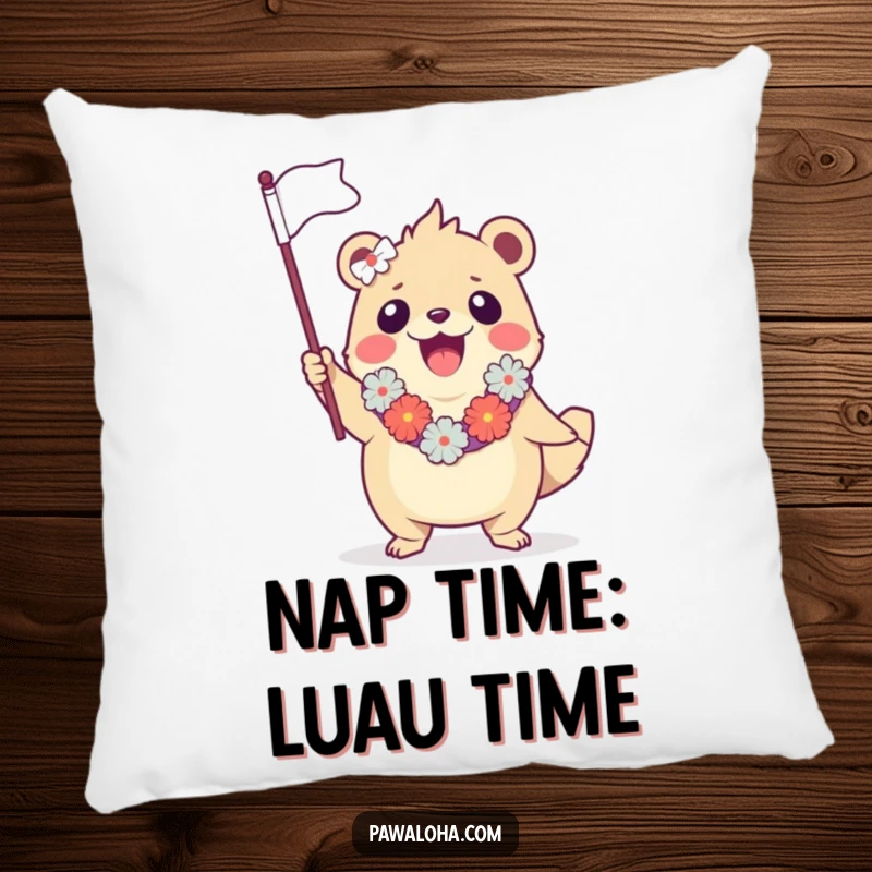 Funny pillow with a creature in a lei, enthusiastically waving a small flag, bringing a cheerful tropical vibe to home decor.