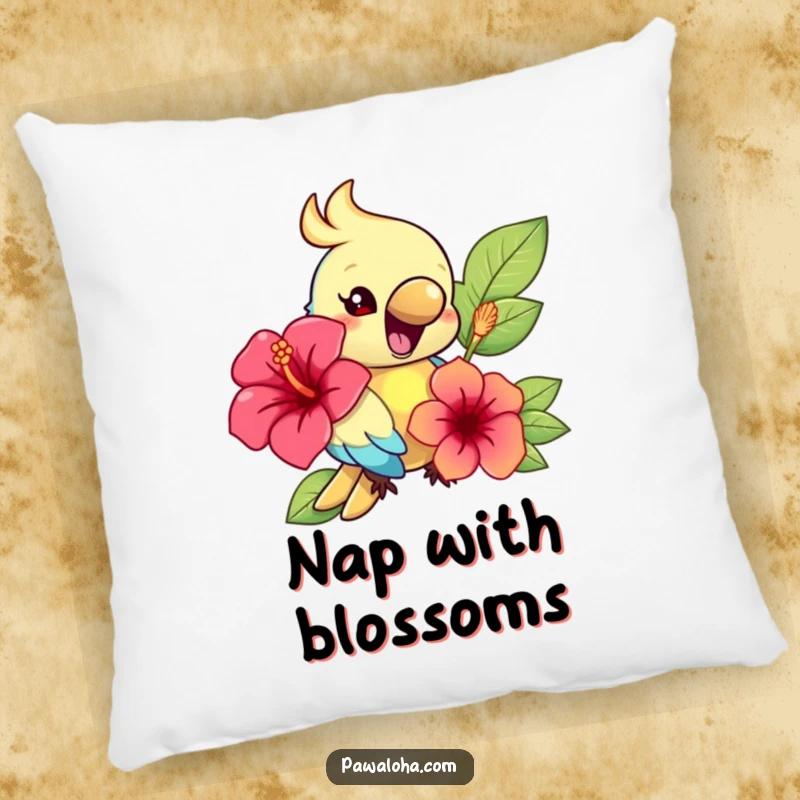Funny pillow featuring a happy, colorful parrot character holding a hibiscus flower, designed for comfort and tropical flair.