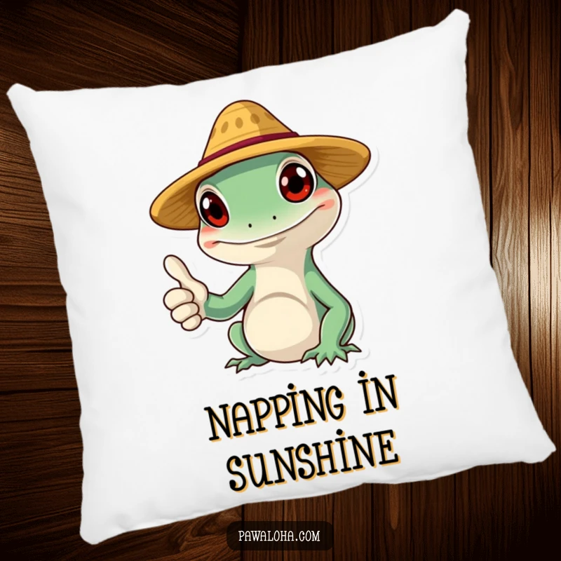 Funny gecko pillow with a smiling character wearing a tiny straw hat and giving a thumbs up, perfect for cozy comfort.