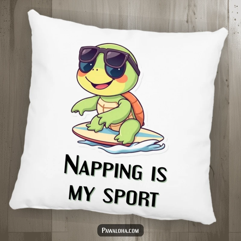 Funny turtle character wearing sunglasses and surfing on a small board, adorning a comfortable pillow.