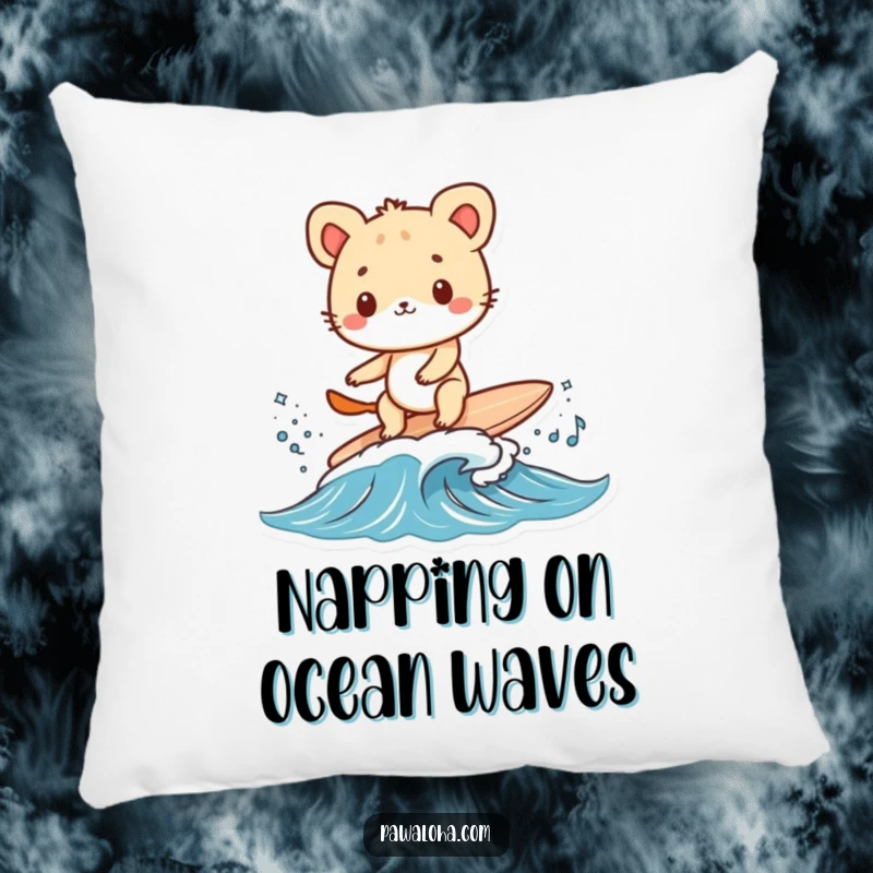 Funny animal character surfing a small wave on a tiny surfboard featured on a comfortable pillow. Relaxing beach vibes.