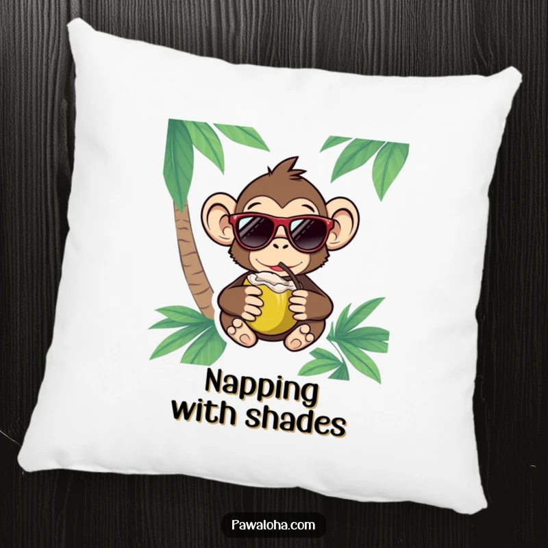 Funny Monkey Pillow showing a monkey with sunglasses enjoying a coconut drink, perfect for adding tropical comfort.