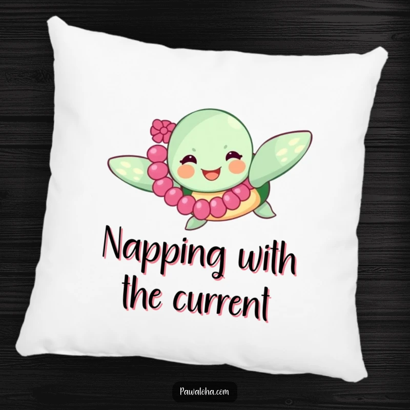 Funny sea turtle wearing a lei, swimming happily, on a soft pillow, offering comfort and a touch of joyful, oceanic relaxation.