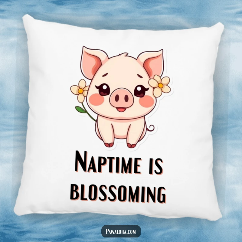 Funny Kawaii pig wearing a flower behind its ear, smiling sweetly on a soft pillow, perfect for comfort.