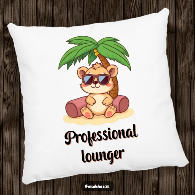 Funny animal in sunglasses relaxing under a palm tree on a comfortable pillow. Brings cozy vacation vibes indoors.
