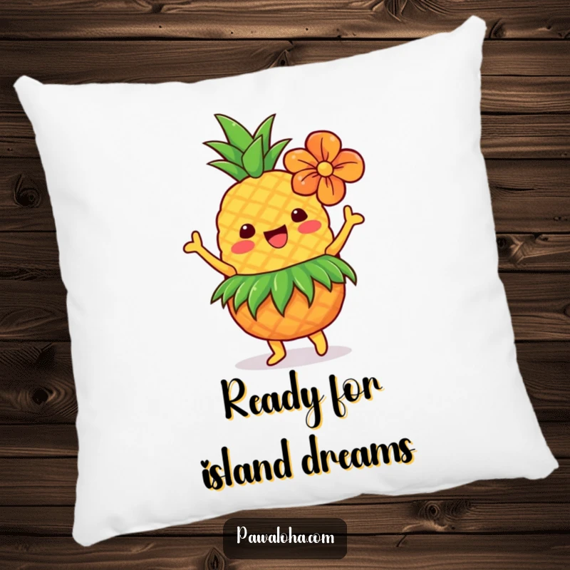 Funny pineapple wearing a grass skirt and flower, dancing on a soft pillow, adding tropical fun.