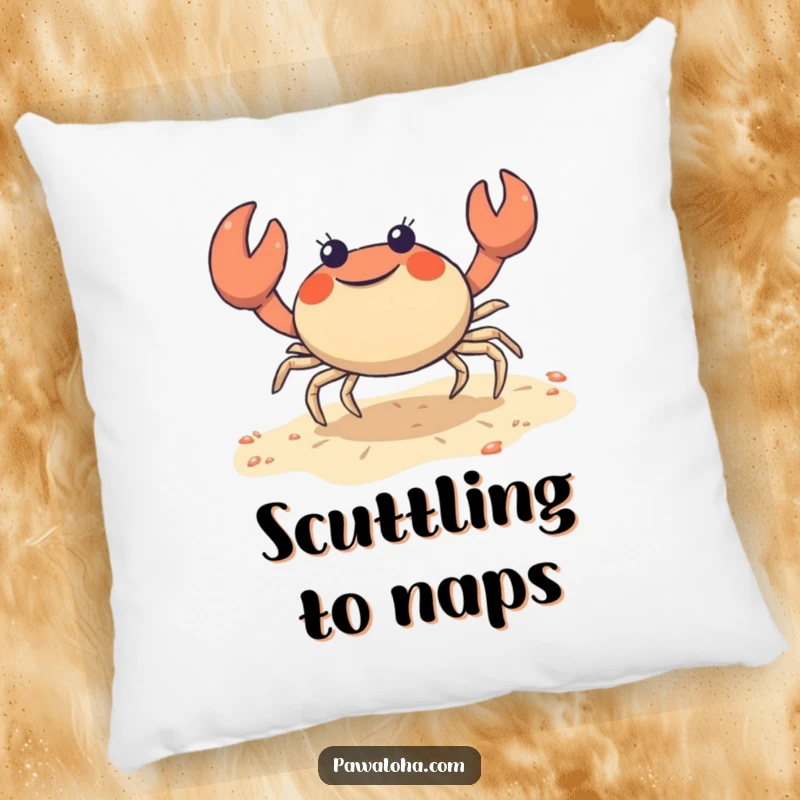 Funny crab pillow with a cute character joyfully doing a sideways shuffle on the sand, perfect for cozy coastal comfort.