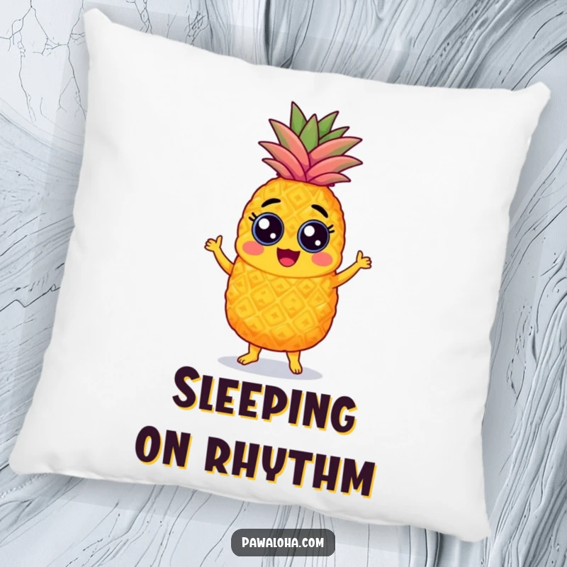 Funny pineapple pillow character with googly eyes, doing the samba, soft, decorative, and full of playful energy.